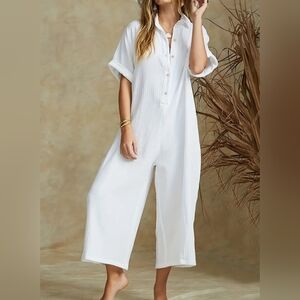 Wide Leg White Jumpsuit - Relaxed Button-Front Style